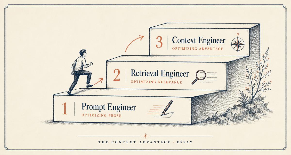 Three-step ladder diagram showing Prompt Engineer, Retrieval Engineer, and Context Engineer ascending.