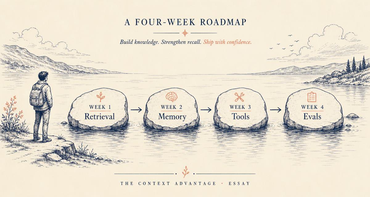 Four-week roadmap diagram with stepping stones labeled Week 1 Retrieval, Week 2 Memory, Week 3 Tools, Week 4 Evals.