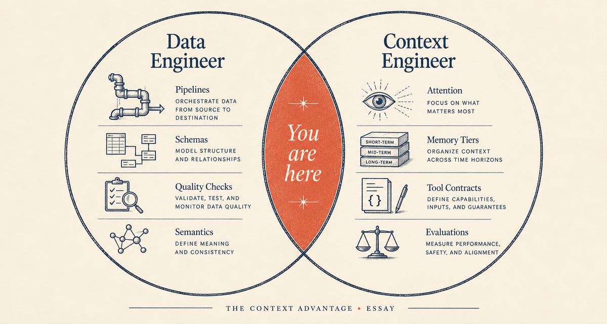 Venn diagram showing Data Engineer and Context Engineer circles overlapping on pipelines, schemas, quality, and semantics, with context-specific skills on the right.