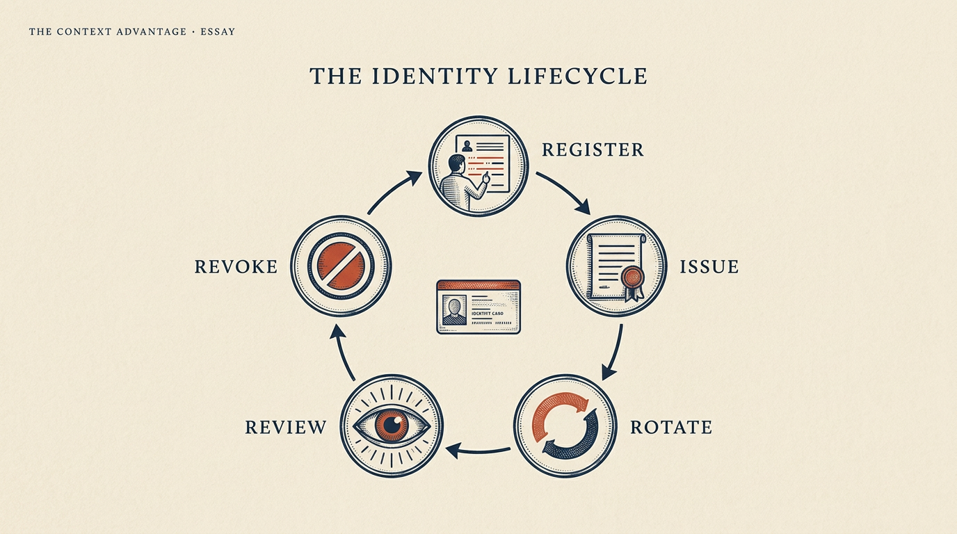 Editorial illustration of an agent identity lifecycle: registration, credential issue, rotation, review, and revocation.