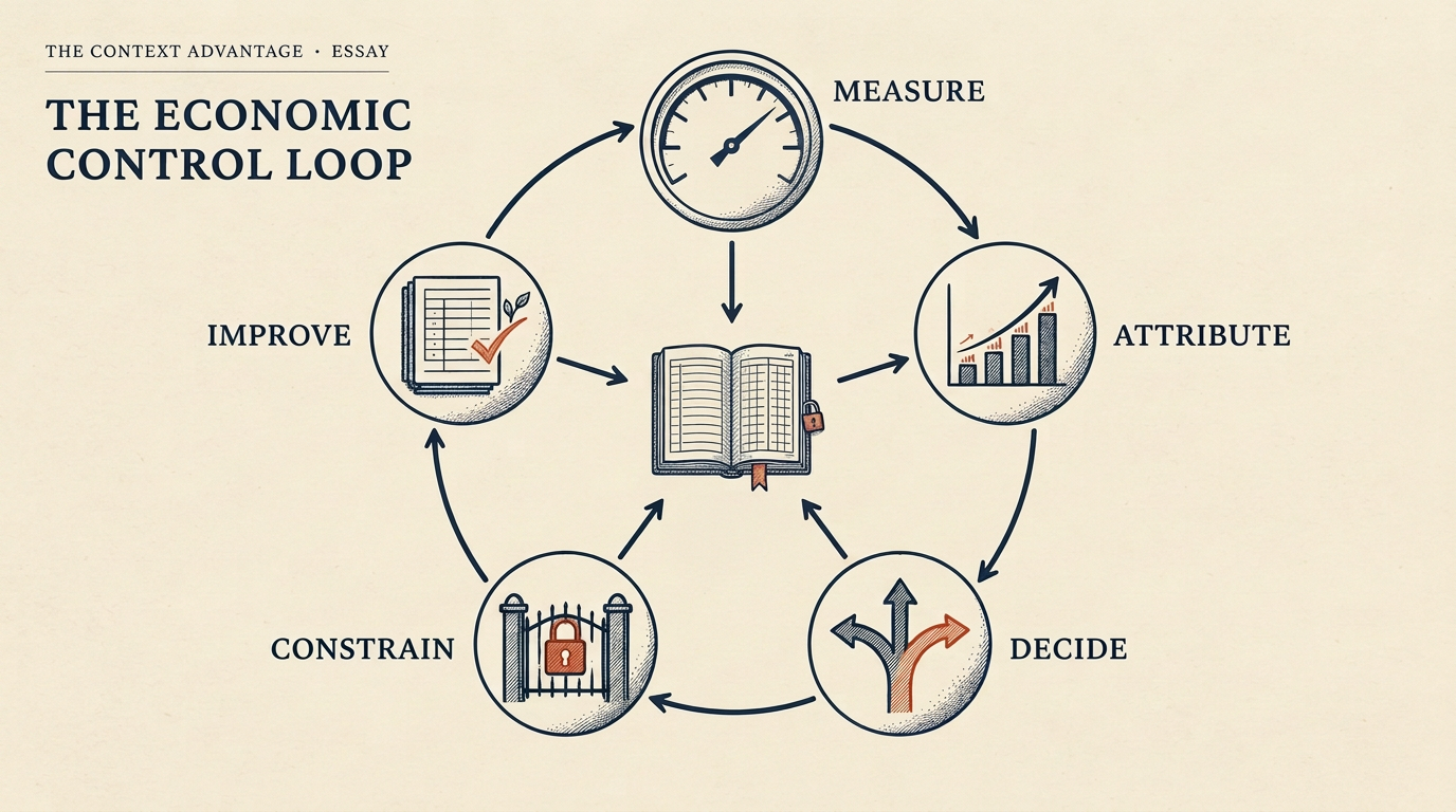 Editorial systems diagram showing the operating loop for measuring, attributing, deciding, constraining, and improving an AI agent.