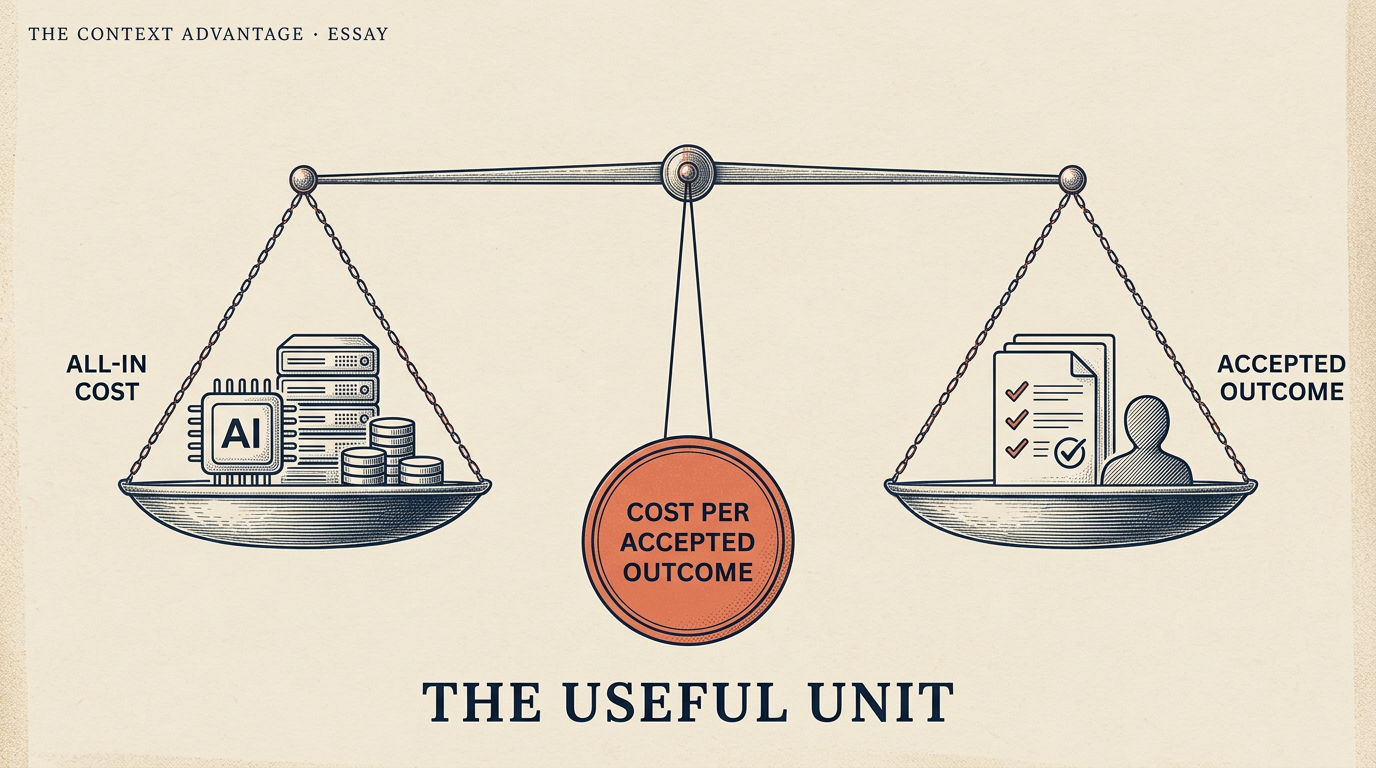 Editorial balance scale comparing accepted business outcomes with tokens, time, review, retries, and repair costs.