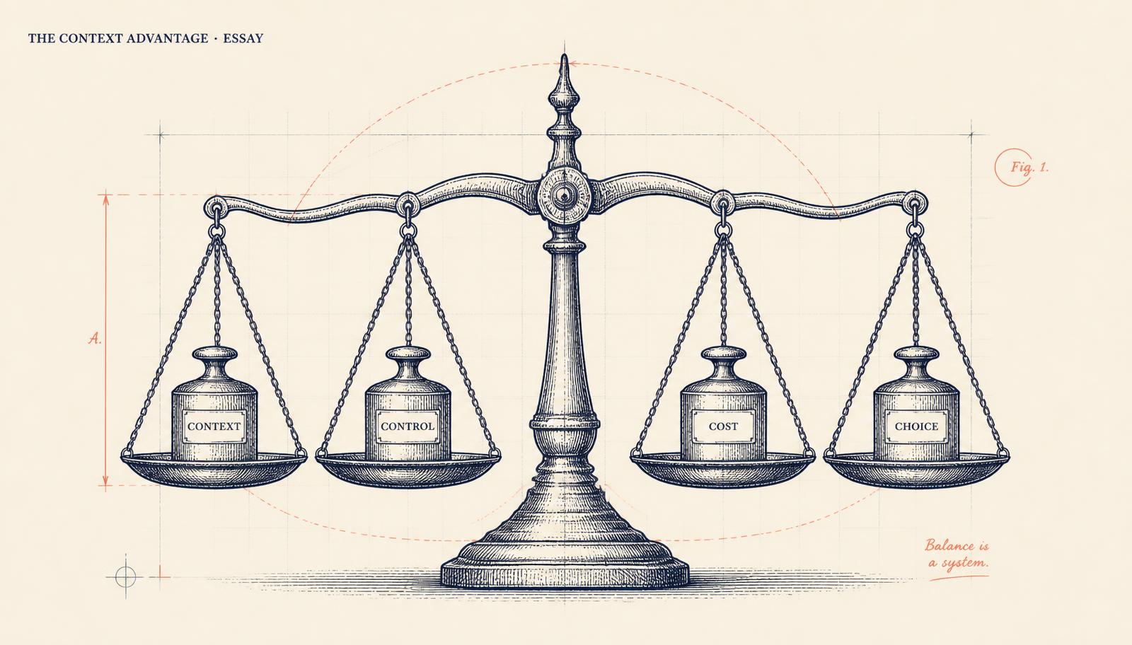 Editorial illustration of a vintage four-tray balance scale, with each tray holding a labeled weight: Context, Control, Cost, and Choice, on cream paper with coral accents.