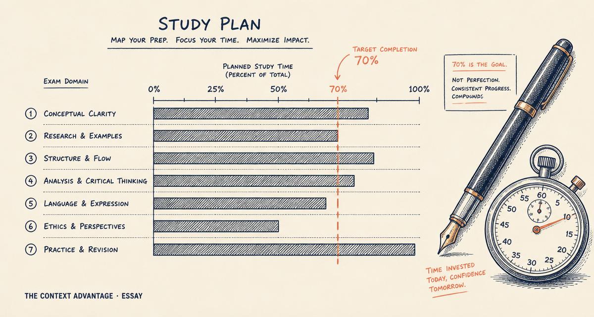 Editorial illustration of a hand-drawn study plan chart with seven domain bars, a seventy percent target line, a fountain pen and a stopwatch.