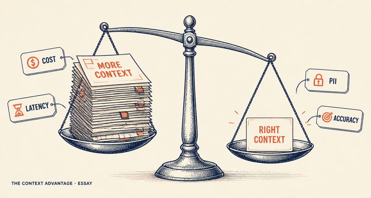 Editorial illustration of a balance scale weighing a heavy stack labelled more context against a small precise card labelled right context, with tags for cost, latency, PII and accuracy.