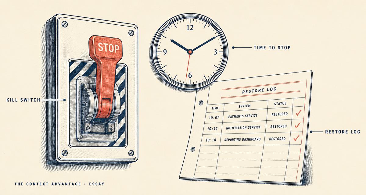 Editorial illustration on cream paper showing a kill-switch control panel, a clock labeled time to stop, and a restore log with three restored entries.