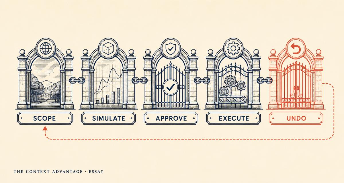 Editorial illustration on cream paper showing five linked gates labeled scope, simulate, approve, execute, and undo, with the undo gate drawn in coral looping back.