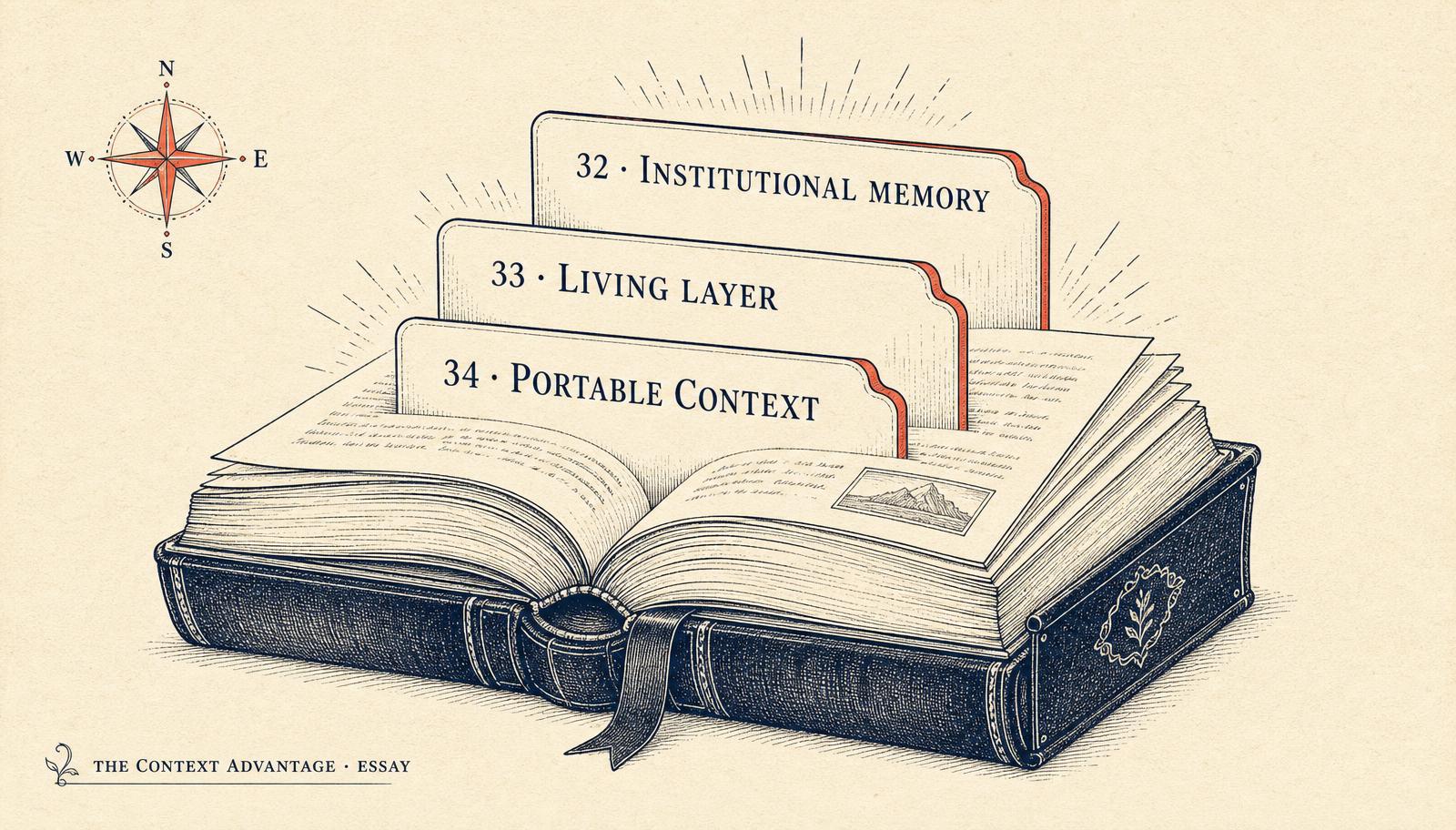 Editorial illustration of an open leather book with three glowing chapter tabs labelled Institutional Memory, Living Layer, and Portable Context.