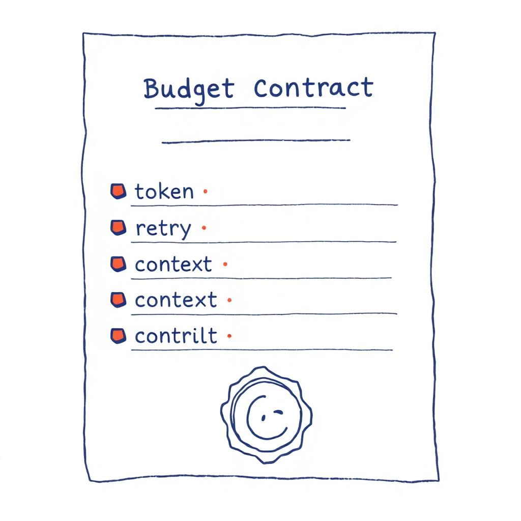 Editorial ledger page titled budget-aware contract with four line items — token cost, retry cost, context cost, control cost — each capped in coral, and a wax seal at the bottom.