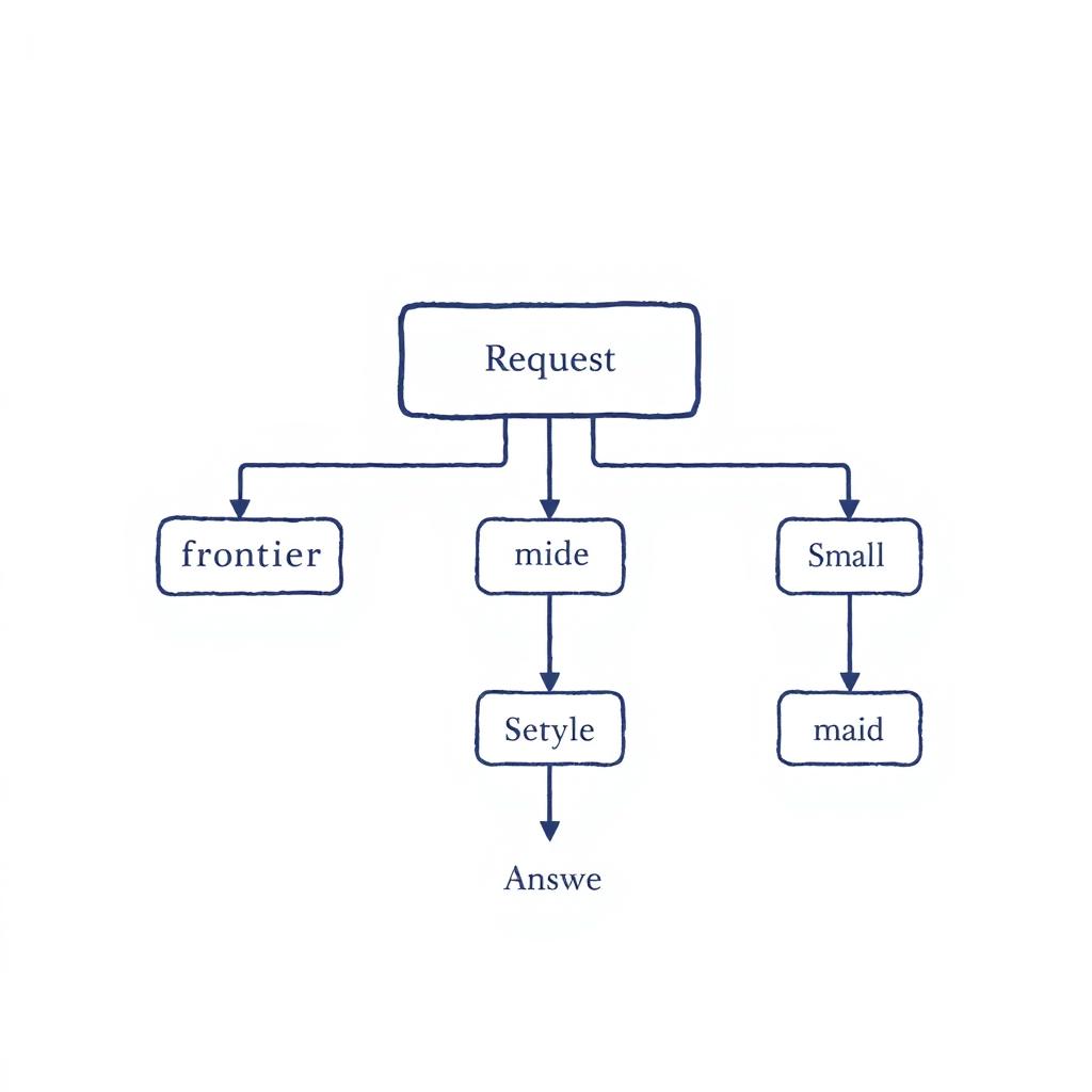 Editorial flowchart of a request entering a router that splits into three model tiers — frontier, mid, small — each with a small cost dot, then merging into an answer, showing budget-aware model routing.