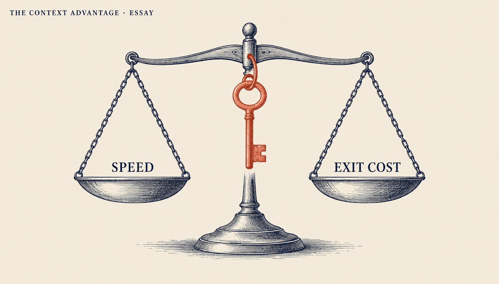 A balance scale with pans labelled Speed and Exit Cost and a coral key hanging from the centre beam.