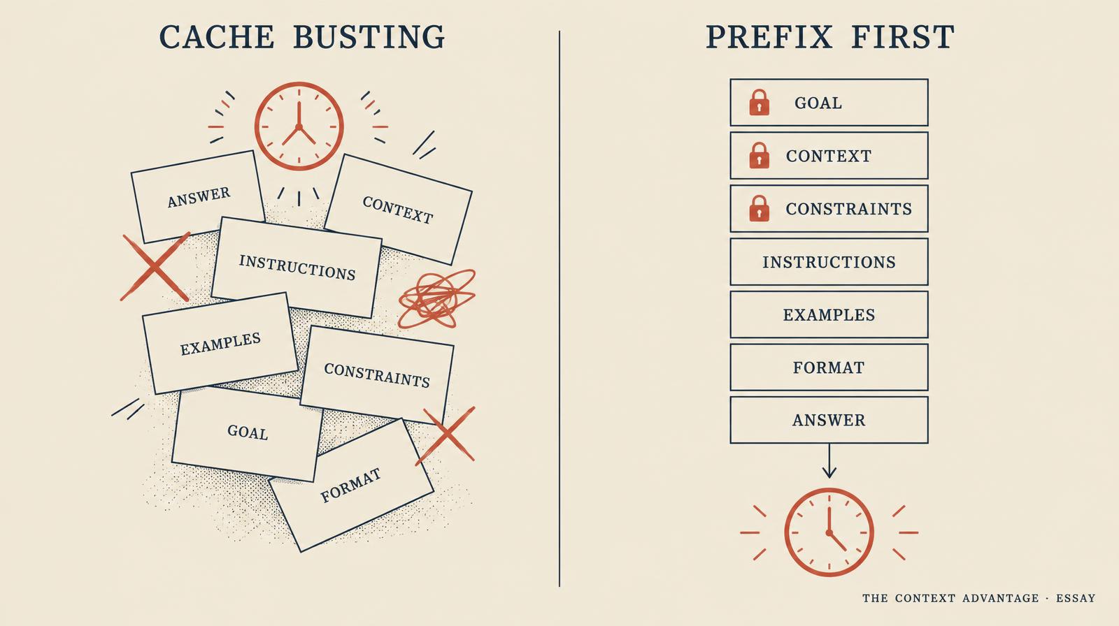 Two prompt layouts side by side: a jumbled pile of blocks with a clock on top labelled cache busting, and a neatly ordered stack with locked top blocks and the clock at the bottom labelled prefix first.