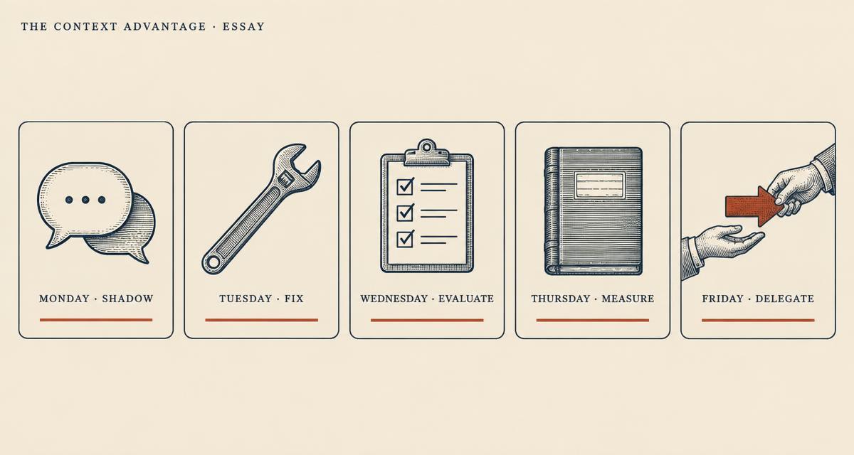 Editorial five-day plan: shadow, fix, evaluate, measure, delegate — one card per weekday.