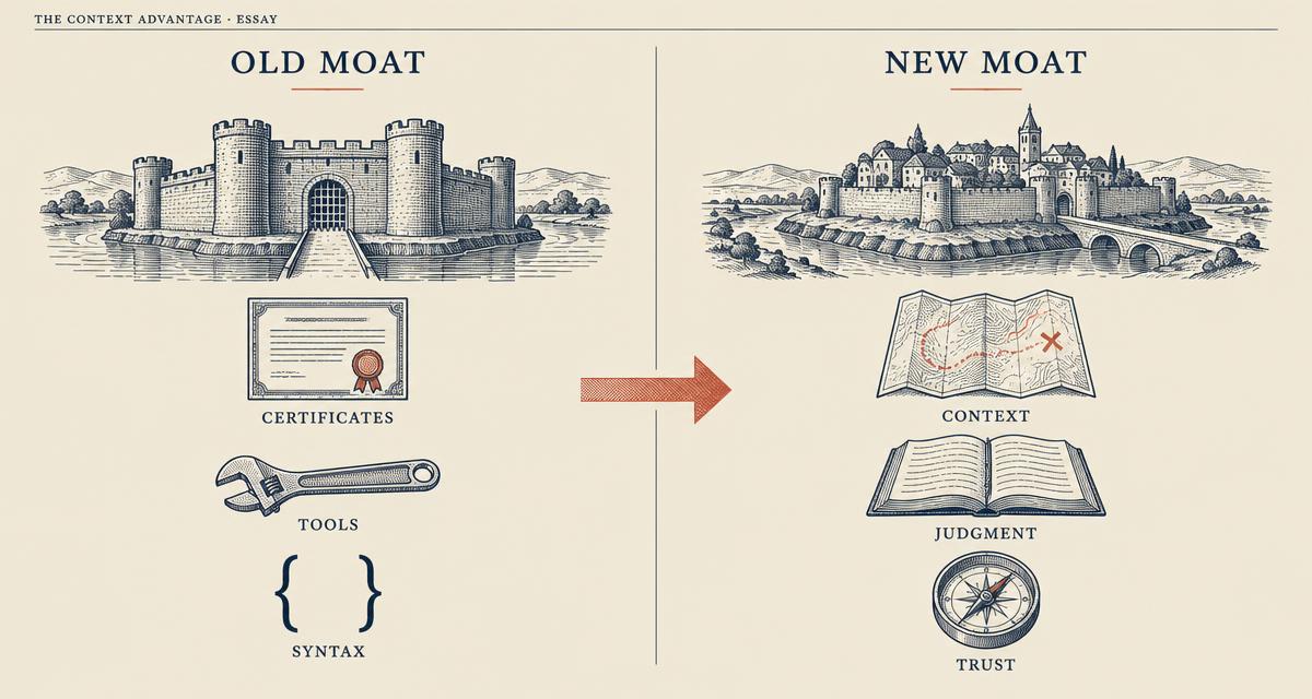 Editorial comparison of the old career moat — certificates, tools, syntax — against the new moat of context, judgment, and trust.