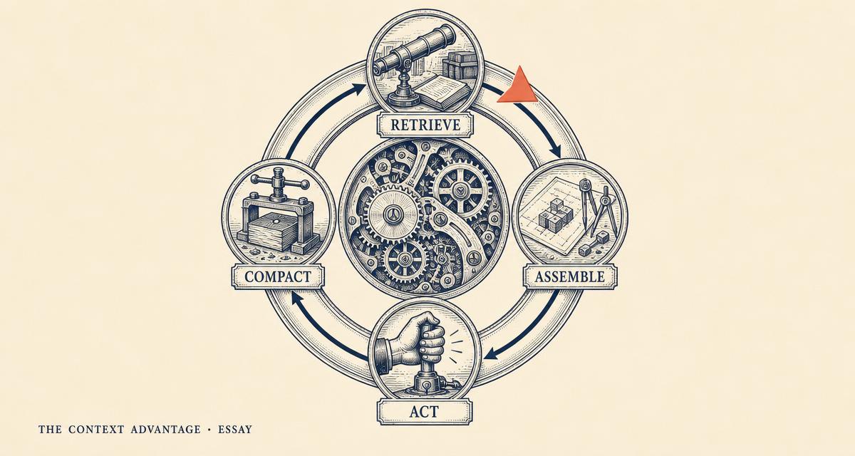 Editorial clockwork diagram showing a four-stage loop: Retrieve, Assemble, Act, Compact, with gears at the center and a coral arrow marking the current stage.