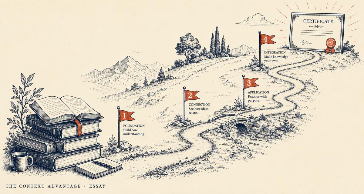 Editorial illustration of a winding study path from a stack of books to a certificate, with four numbered milestone flags along the route.