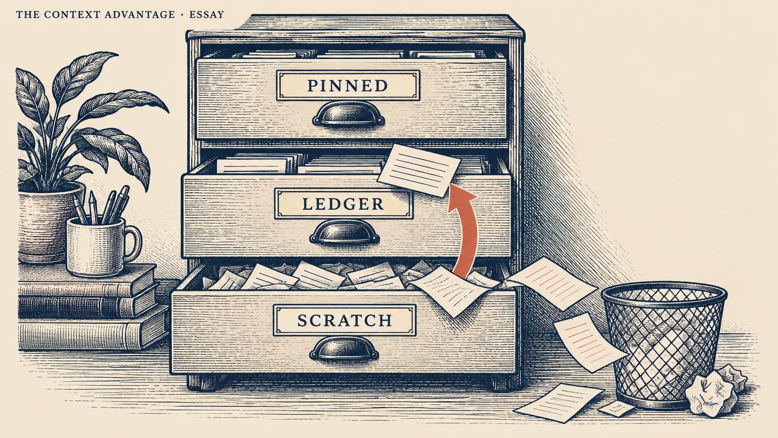 A three-drawer cabinet labelled Pinned, Ledger, and Scratch, with a coral arrow lifting one card from Scratch into Ledger while loose papers fall into a bin.