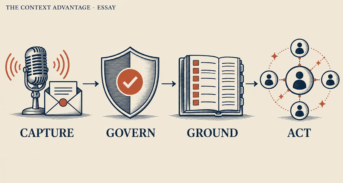 Editorial diagram showing enterprise context moving through four stages: Capture, Govern, Ground, and Act.