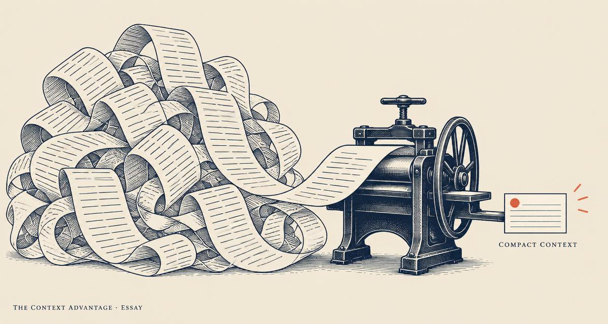 Illustration of a tangled paper scroll fed through a printing press that outputs one small index card labelled compact context.