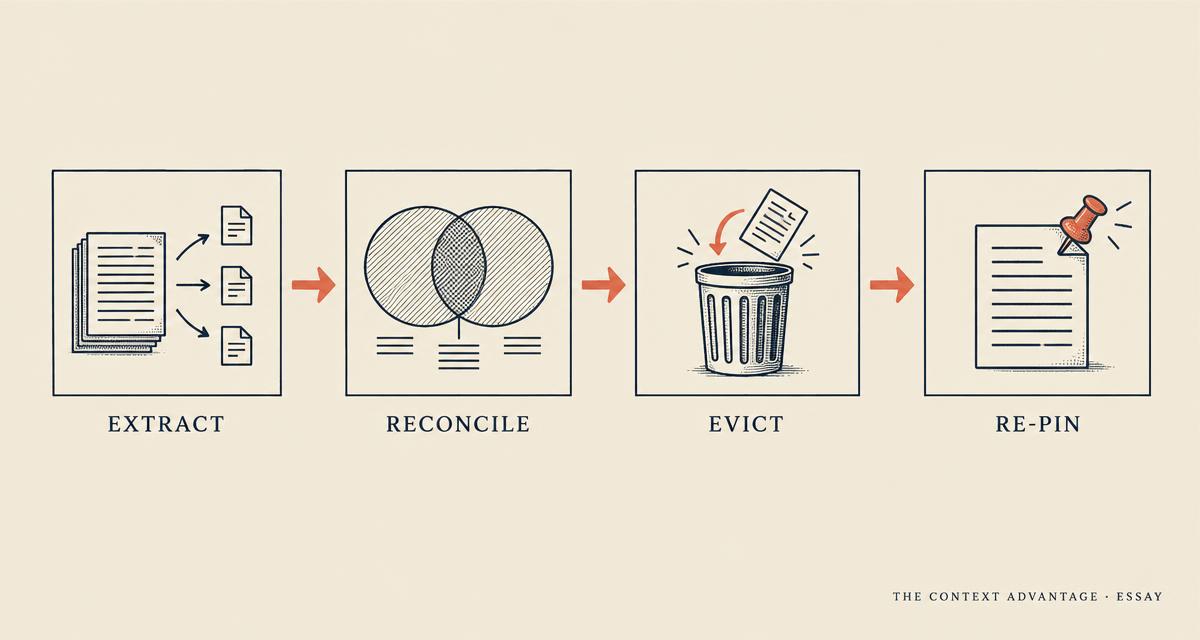 Four-stage diagram labelled extract, reconcile, evict, and re-pin, connected by coral arrows.