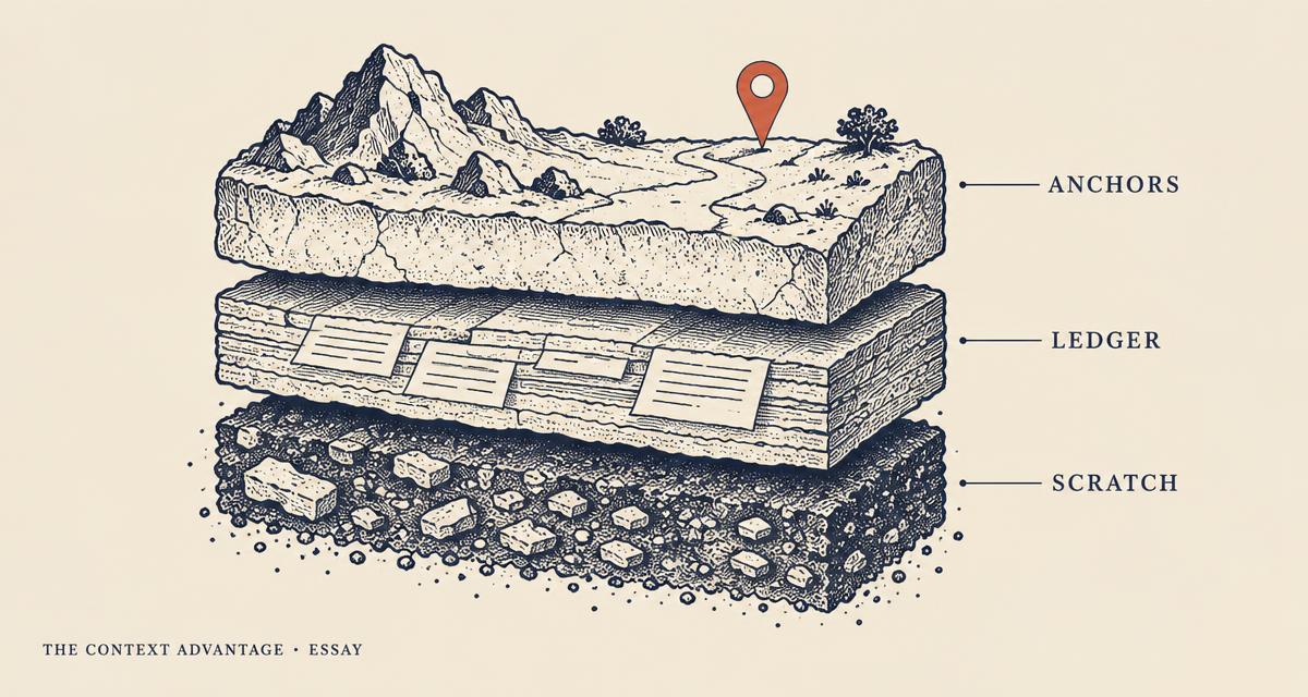 Layered cross-section illustration with three tiers labelled anchors, ledger, and scratch, with a coral pin on the top tier.