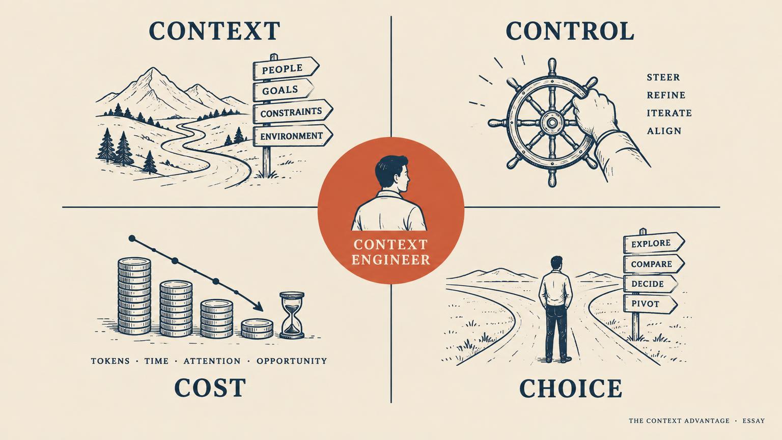 Four-quadrant illustration labelled Context, Control, Cost and Choice, with a Context Engineer figure in a coral circle at the centre.