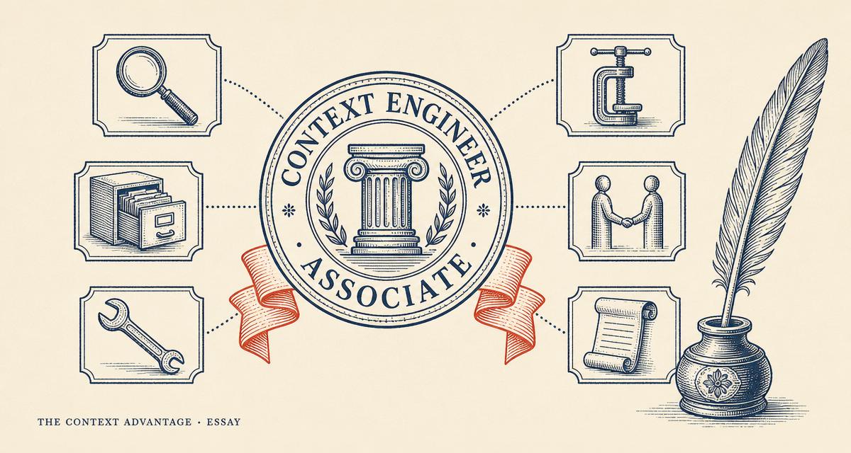 Editorial illustration of a certification seal reading Context Engineer Associate, surrounded by six inked cards representing exam domains, with a quill and inkwell beside it.