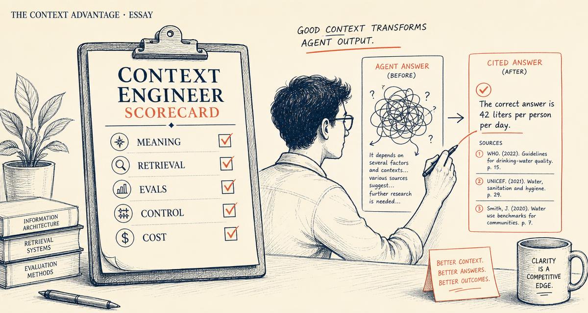 Editorial illustration on cream paper showing a context engineer scorecard with meaning, retrieval, evals, control, and cost, beside a corrected cited answer.