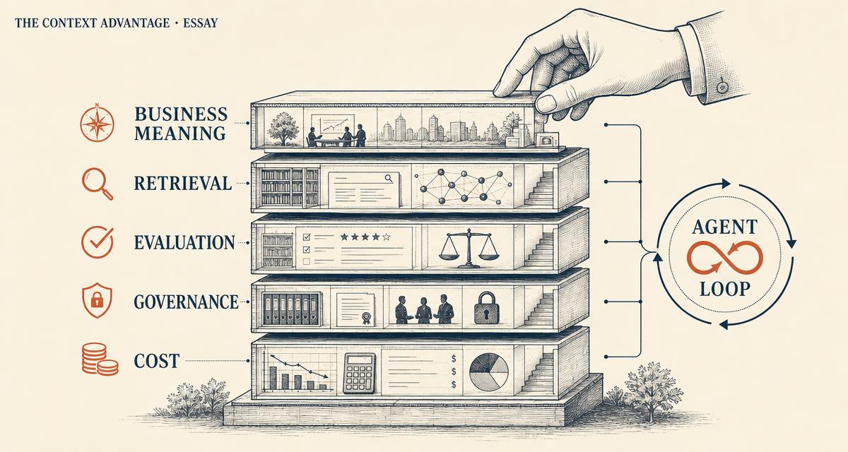 Editorial illustration on cream paper showing five stacked context engineering layers labeled business meaning, retrieval, evaluation, governance, and cost, feeding an agent loop.
