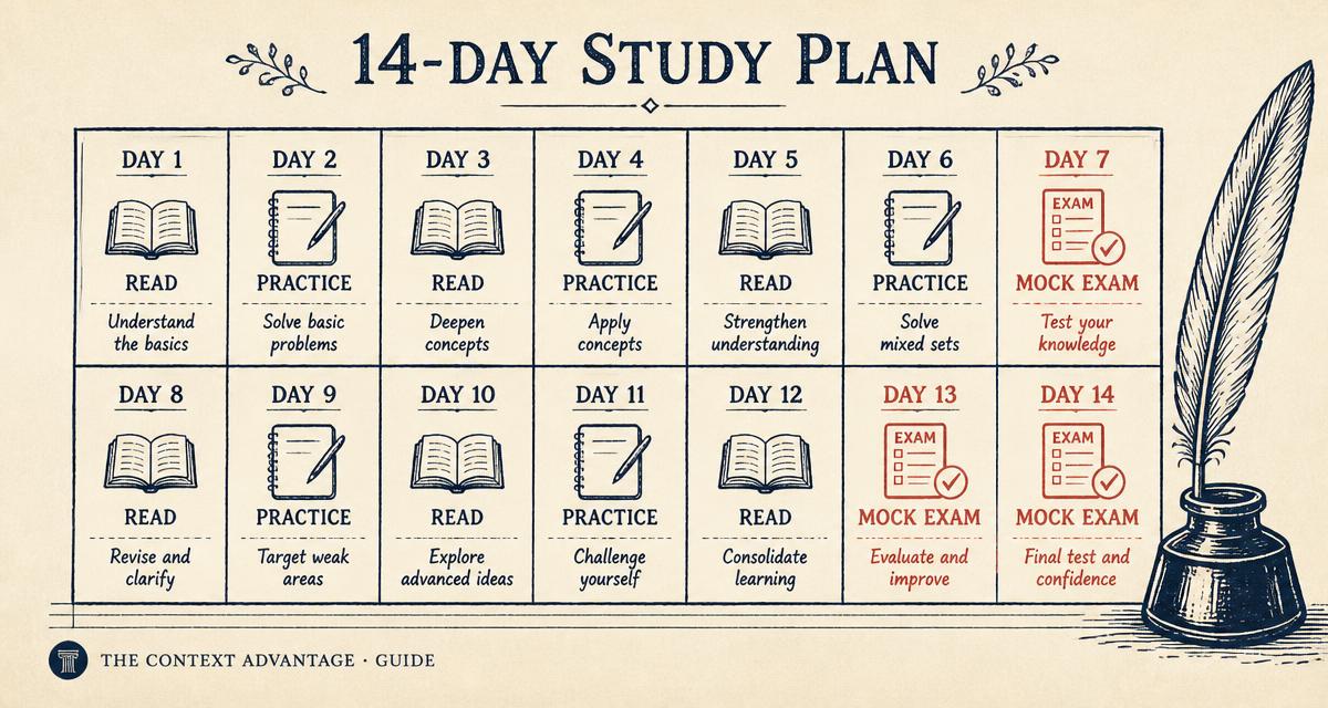 Editorial illustration of a fourteen-day study calendar with three mock exam days marked in coral