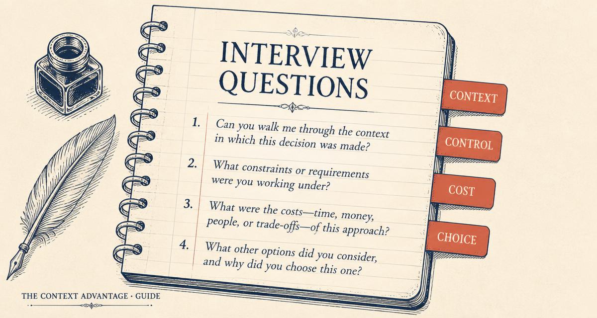 Editorial illustration of a notebook page of interview questions with coral tabs labelled Context, Control, Cost, and Choice