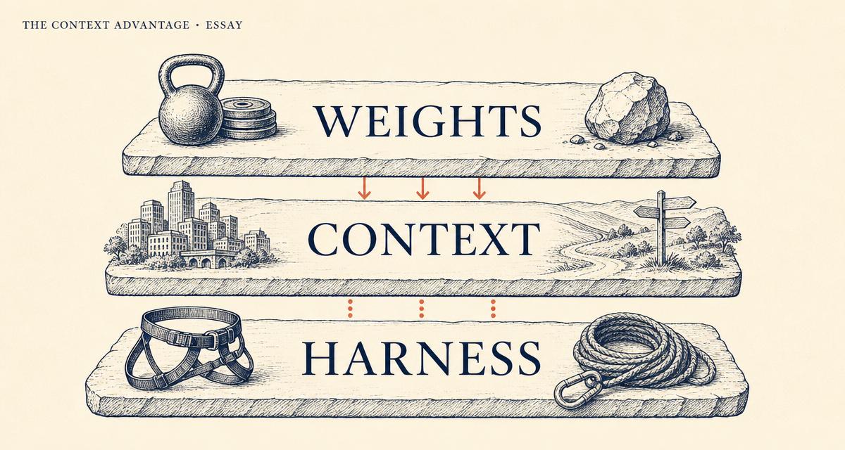 Three stacked slabs labeled Weights, Context, Harness — the three layers of an AI system.