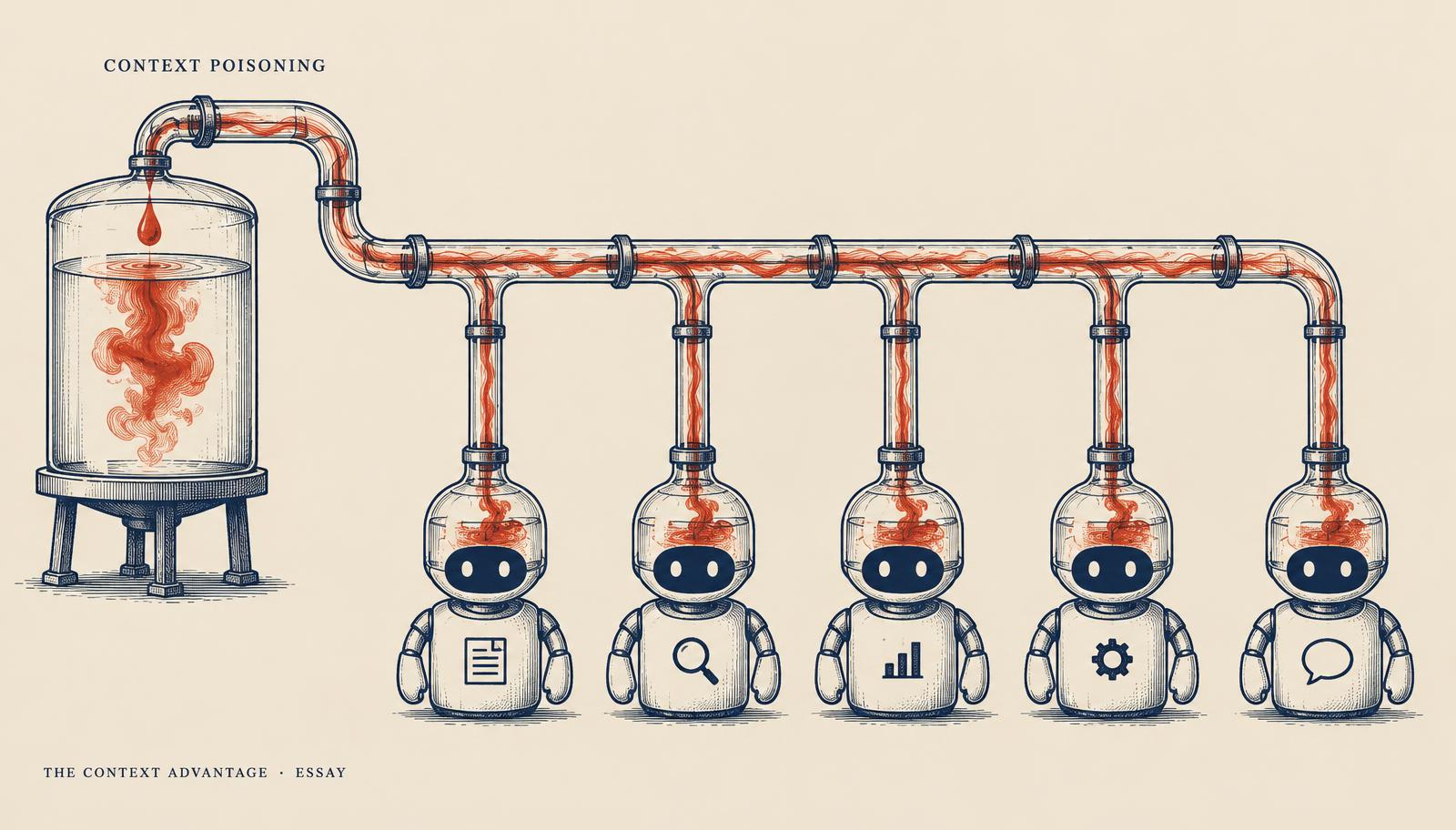Illustration of a single coral ink drop entering a glass tank and spreading through pipes into five agent figures.