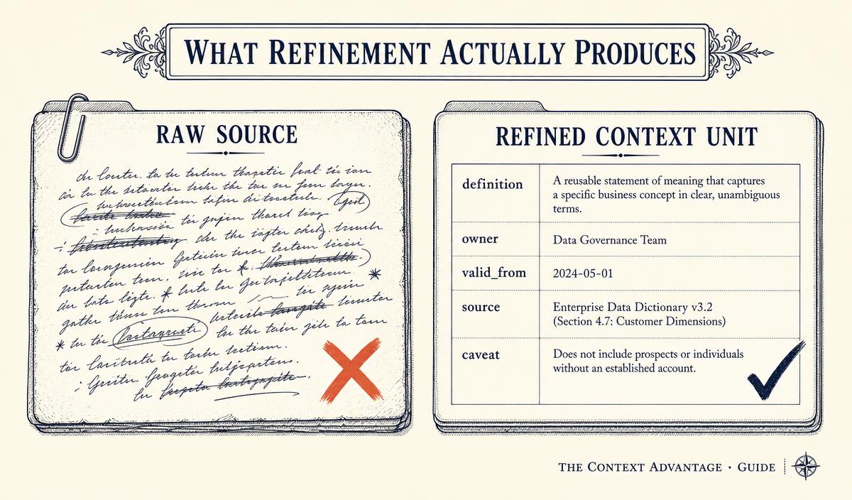 Editorial diagram comparing a messy raw source document marked with a red X against a structured refined context unit with definition, owner, valid_from, source, and caveat fields marked with a check.