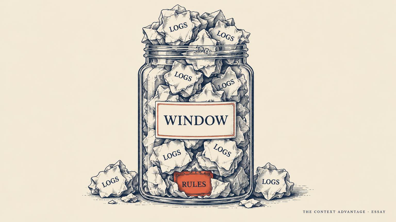 A glass jar labelled Window overflowing with crumpled papers labelled Logs, with a small coral card labelled Rules squeezed at the bottom.