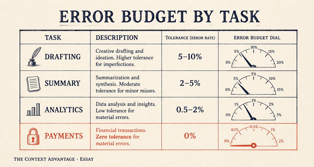 Hand-drawn table titled Error Budget By Task with rows for Drafting, Summary, Analytics, and Payments, each showing a tolerance dial, with the Payments row highlighted in coral at zero tolerance.