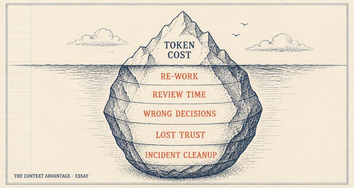 Hand-drawn editorial illustration of an iceberg with the small visible tip labelled Token Cost and the large submerged mass labelled Re-work, Review Time, Wrong Decisions, Lost Trust, and Incident Cleanup.