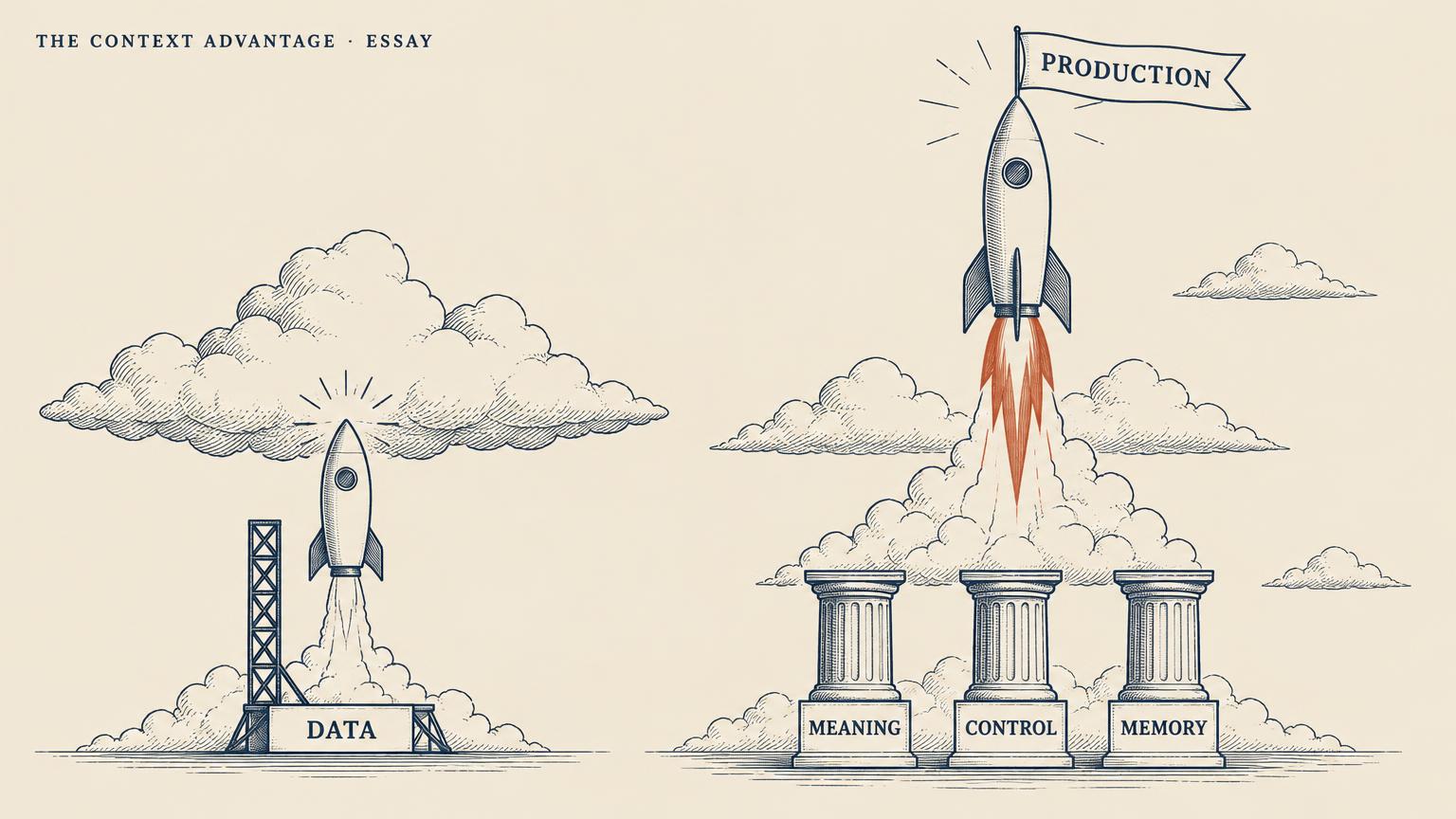 Editorial illustration: a small rocket on a Data launch pad stalls at the clouds, while a second rocket rises on pillars labelled Meaning, Control and Memory to a Production flag.