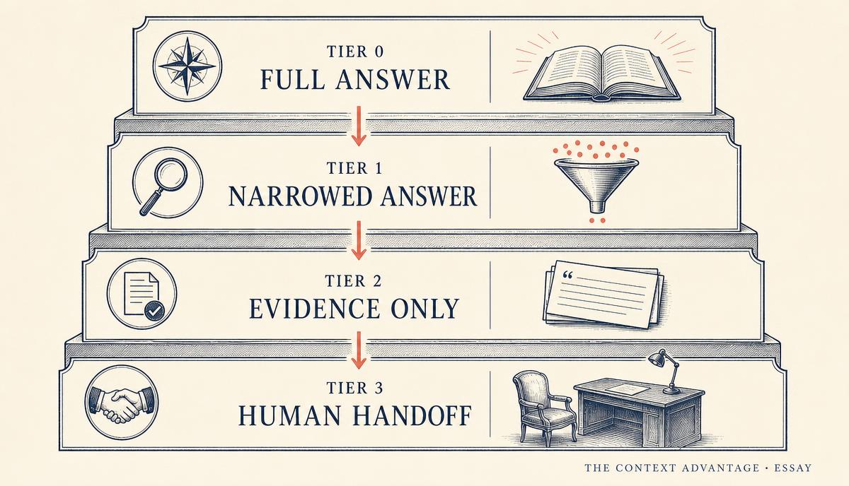 Editorial diagram of four stacked tiers labelled Tier 0 full answer, Tier 1 narrowed answer, Tier 2 evidence only, and Tier 3 human handoff, with a coral arrow descending through them.