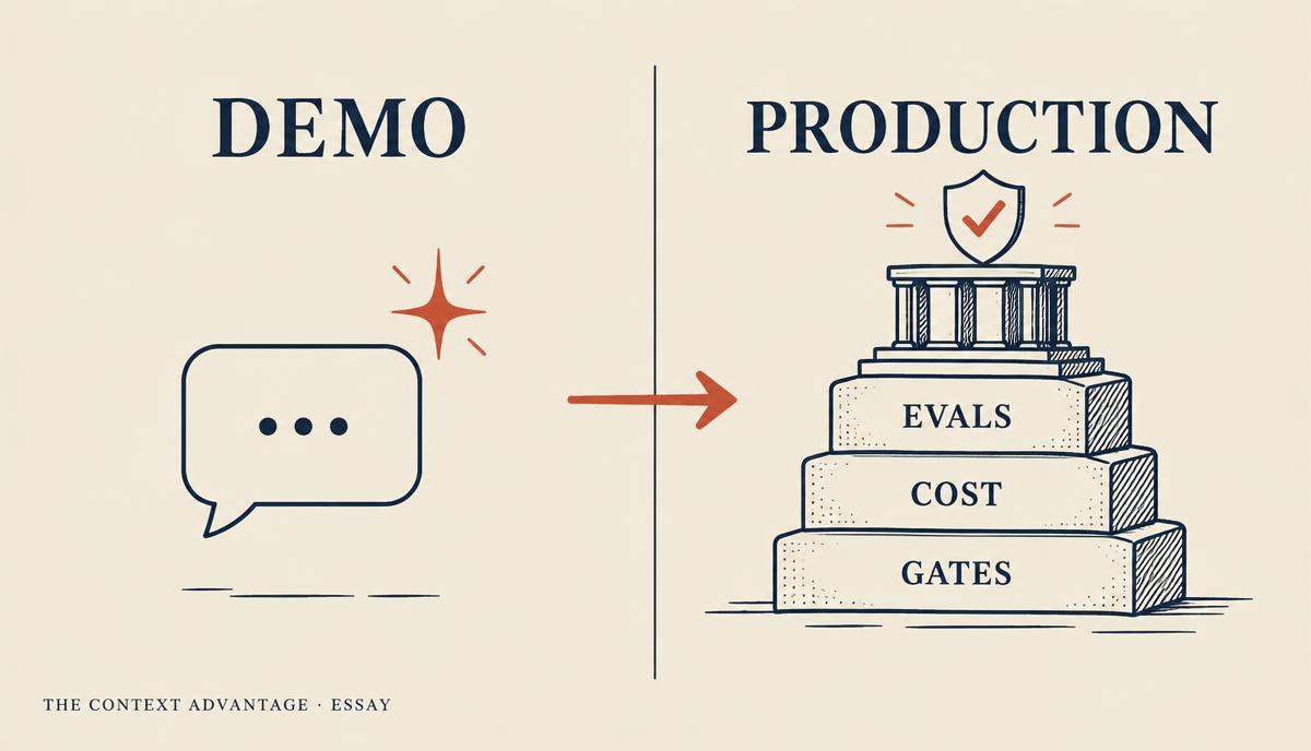 Split illustration: a chat bubble labelled Demo on the left, and a stacked structure labelled Evals, Cost and Gates under Production on the right.