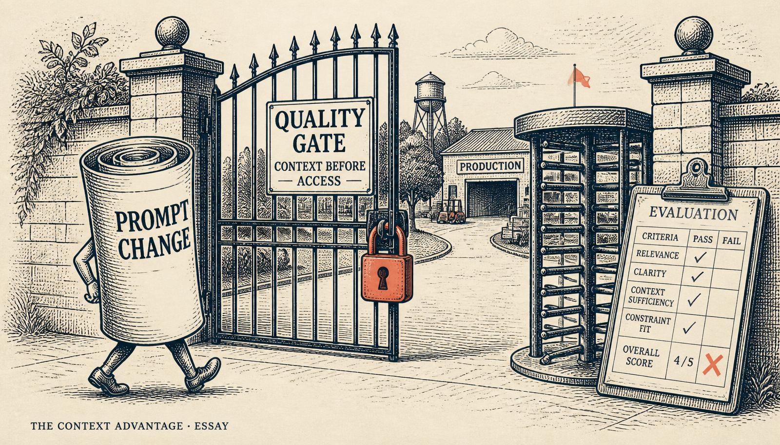 Editorial illustration of a prompt change scroll arriving at a locked quality gate with a scorecard clipboard showing one failed criterion