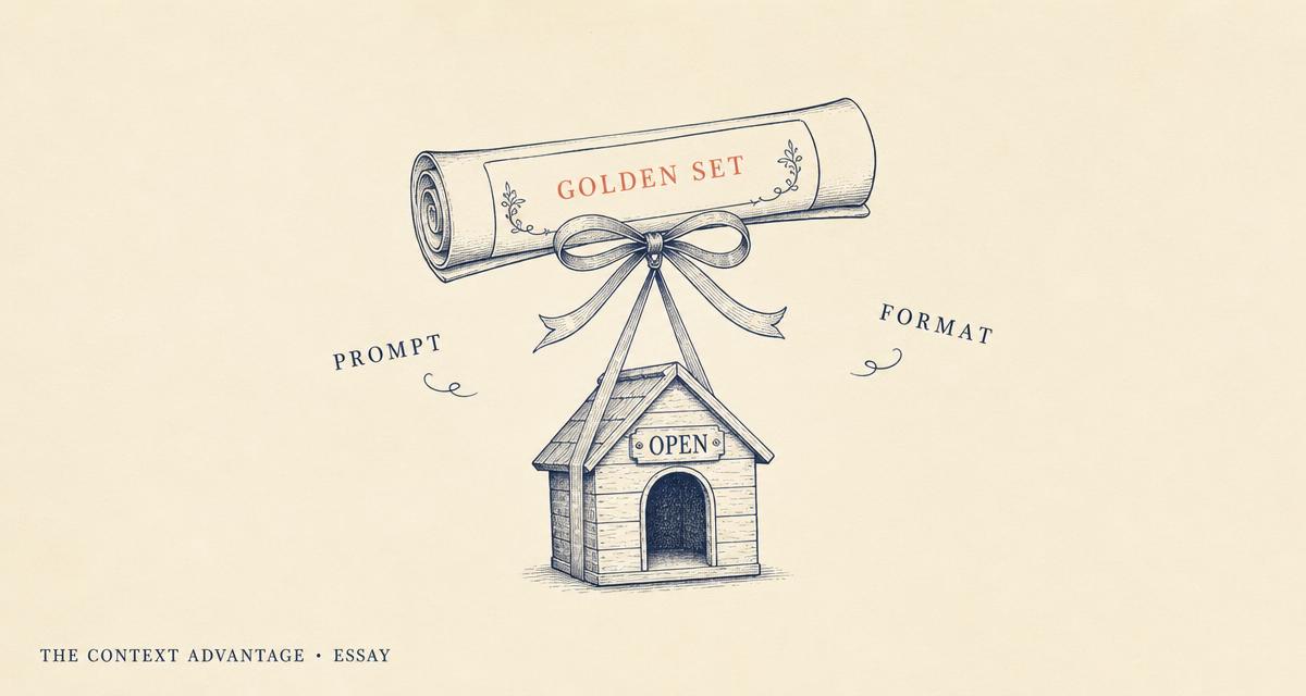 Editorial illustration on cream paper showing a long ink navy leash clipped to a small house icon labelled Open Weights, with the other end held by a rolled document labelled Golden Set in coral, passing through loops labelled Prompt, Tools, Format.