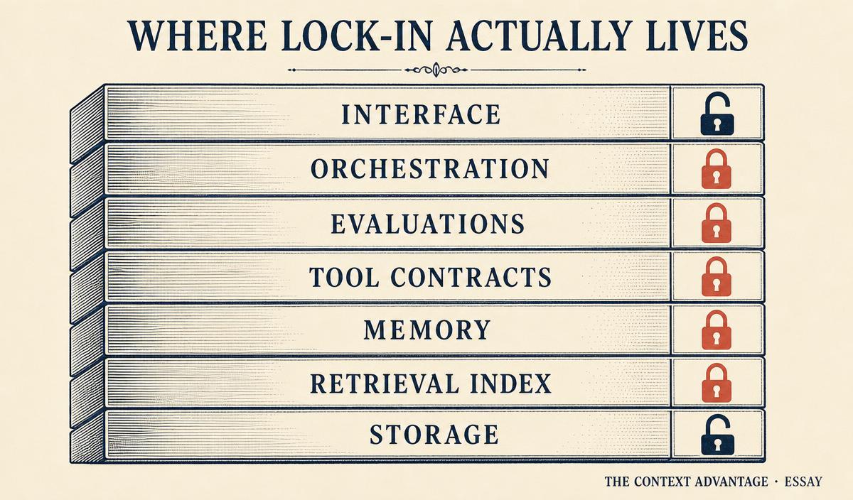 Diagram of a seven-layer AI stack with padlocks beside each layer, showing storage and interface unlocked while retrieval, memory, tool contracts, evaluations, and orchestration are locked.