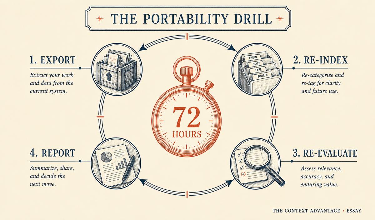 Circular diagram of a four-station annual portability drill — export, re-index, re-evaluate, report — around a stopwatch labeled 72 hours.