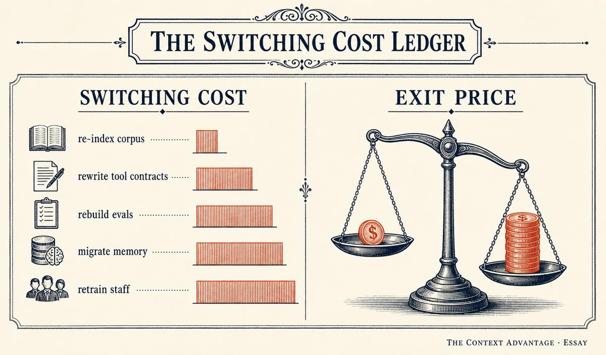 Two-column editorial diagram comparing a switching cost ledger of five line items against a balance scale weighing annual contract value versus exit price.