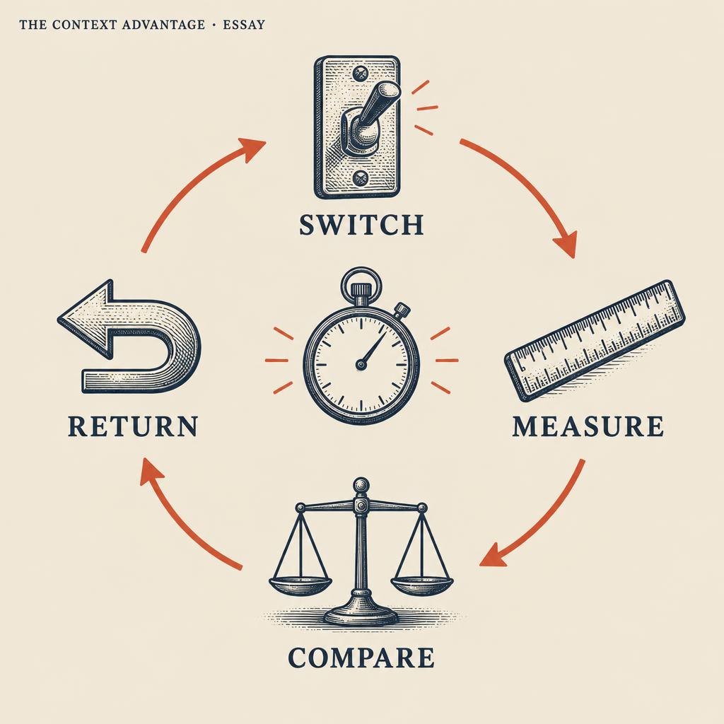 Editorial circular diagram of a failover drill: Switch, Measure, Compare, Return, around a central stopwatch.
