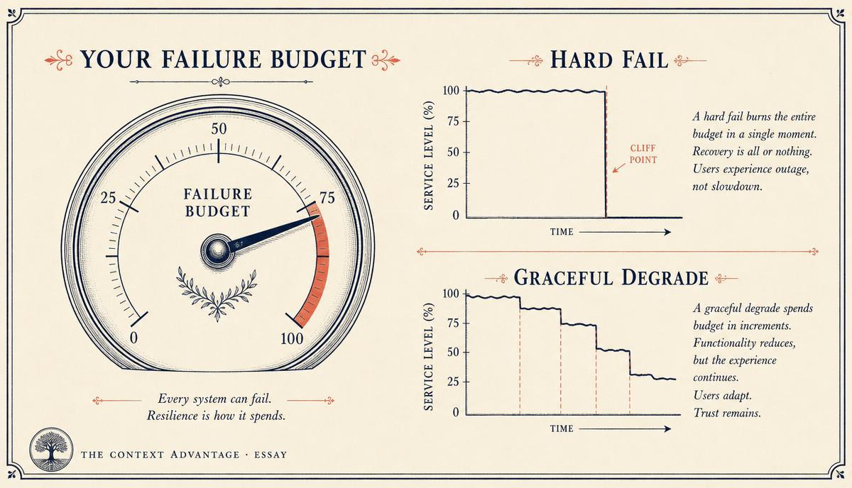 Editorial chart comparing a hard failure that drops to zero as a cliff with a graceful degradation that steps down in stages, beside a failure budget dial.