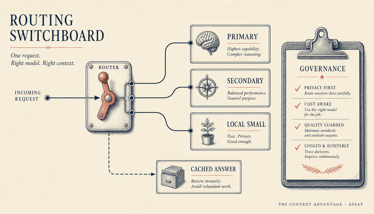 Editorial diagram of a routing switchboard sending one incoming request to primary, secondary, and local small models, with a dashed path to a cached answer and a governance checklist beside it.