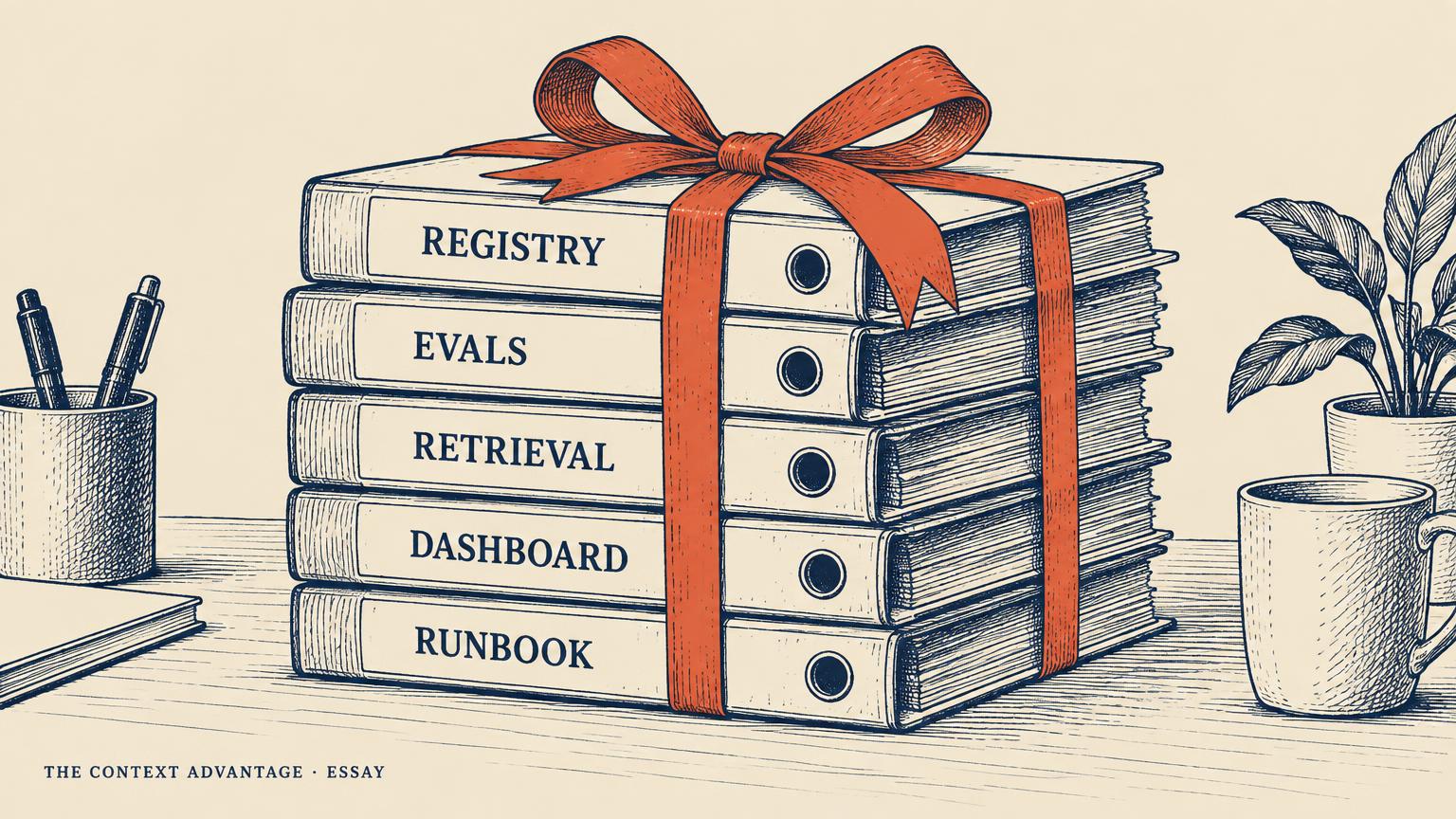 Five binders labelled Registry, Evals, Retrieval, Dashboard, and Runbook, tied together with a coral ribbon.