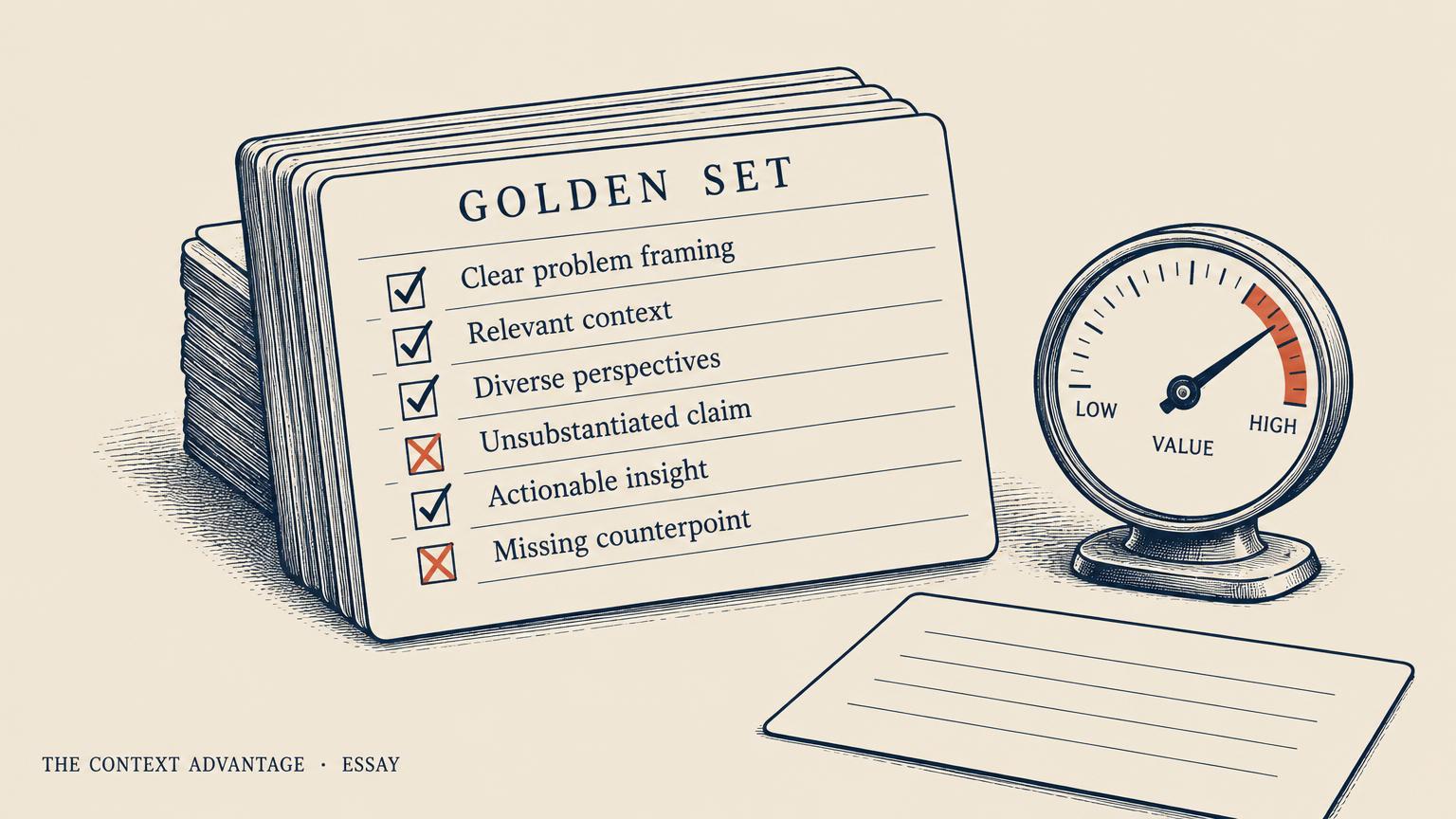A stack of index cards labelled Golden Set with check marks and coral crosses, beside a gauge dial.